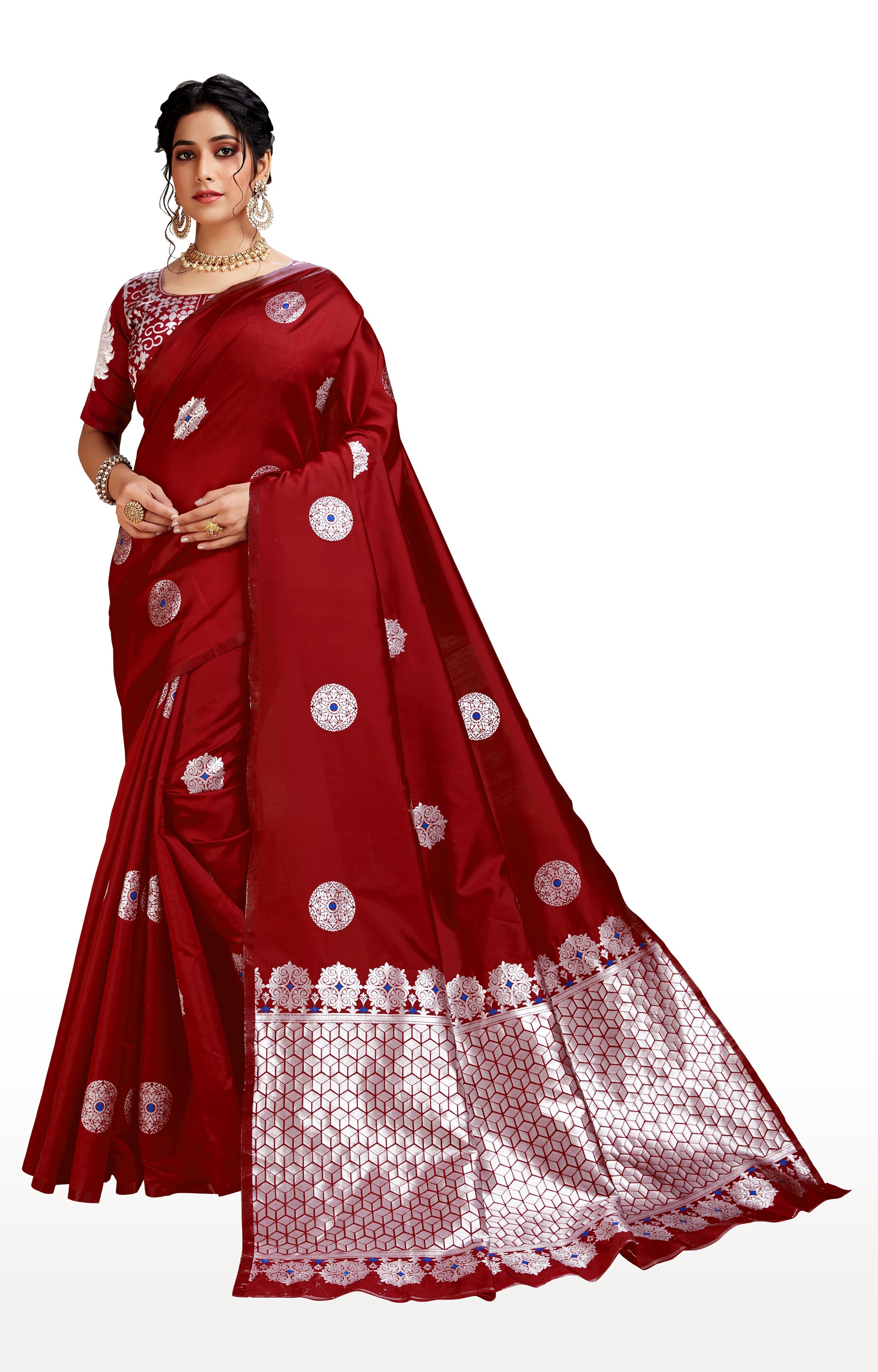 Glemora | Glemora Red Lichi Silk Dhanashree Saree With Unstitched Blouse 0