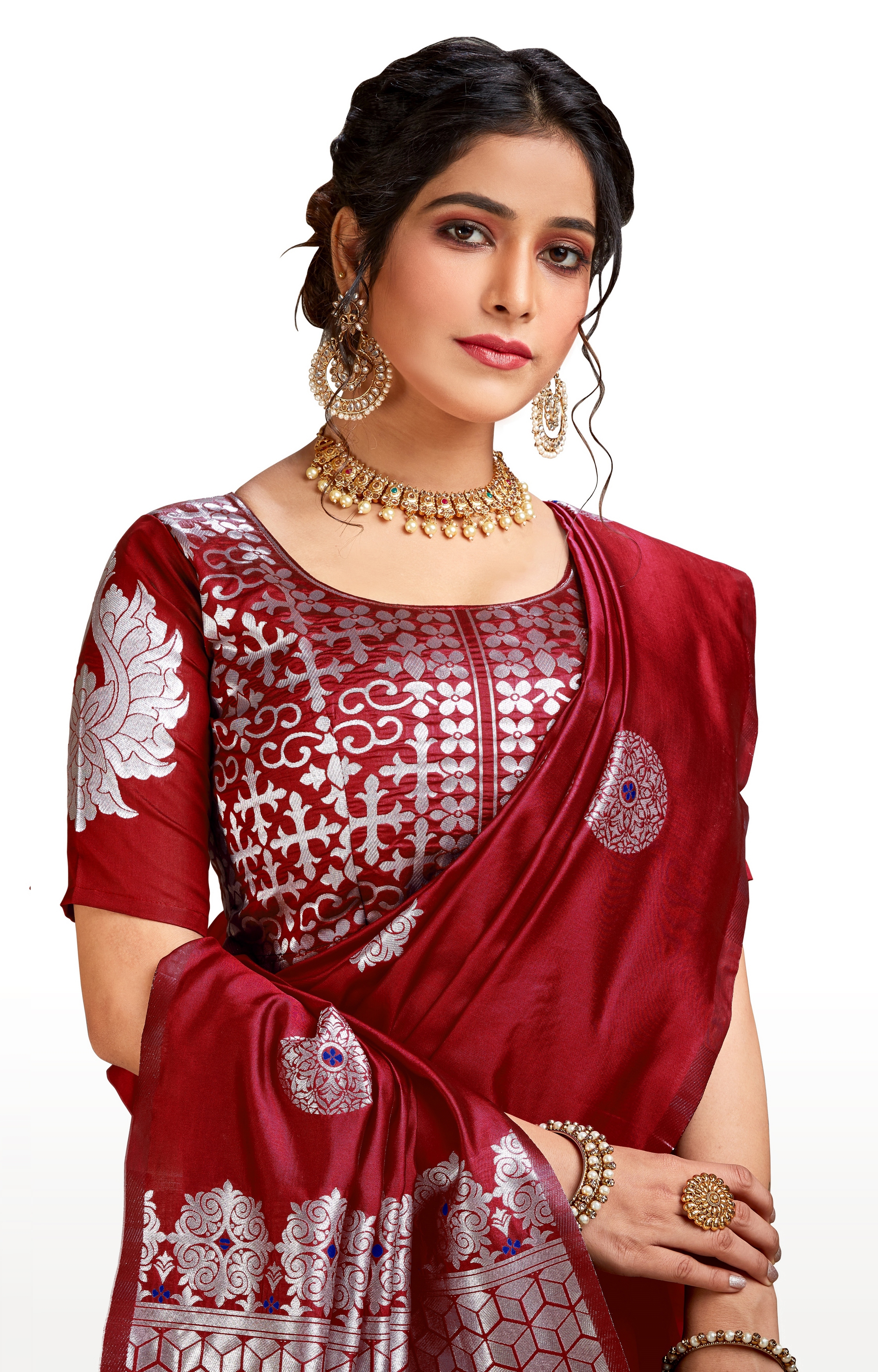 Glemora | Glemora Red Lichi Silk Dhanashree Saree With Unstitched Blouse 4
