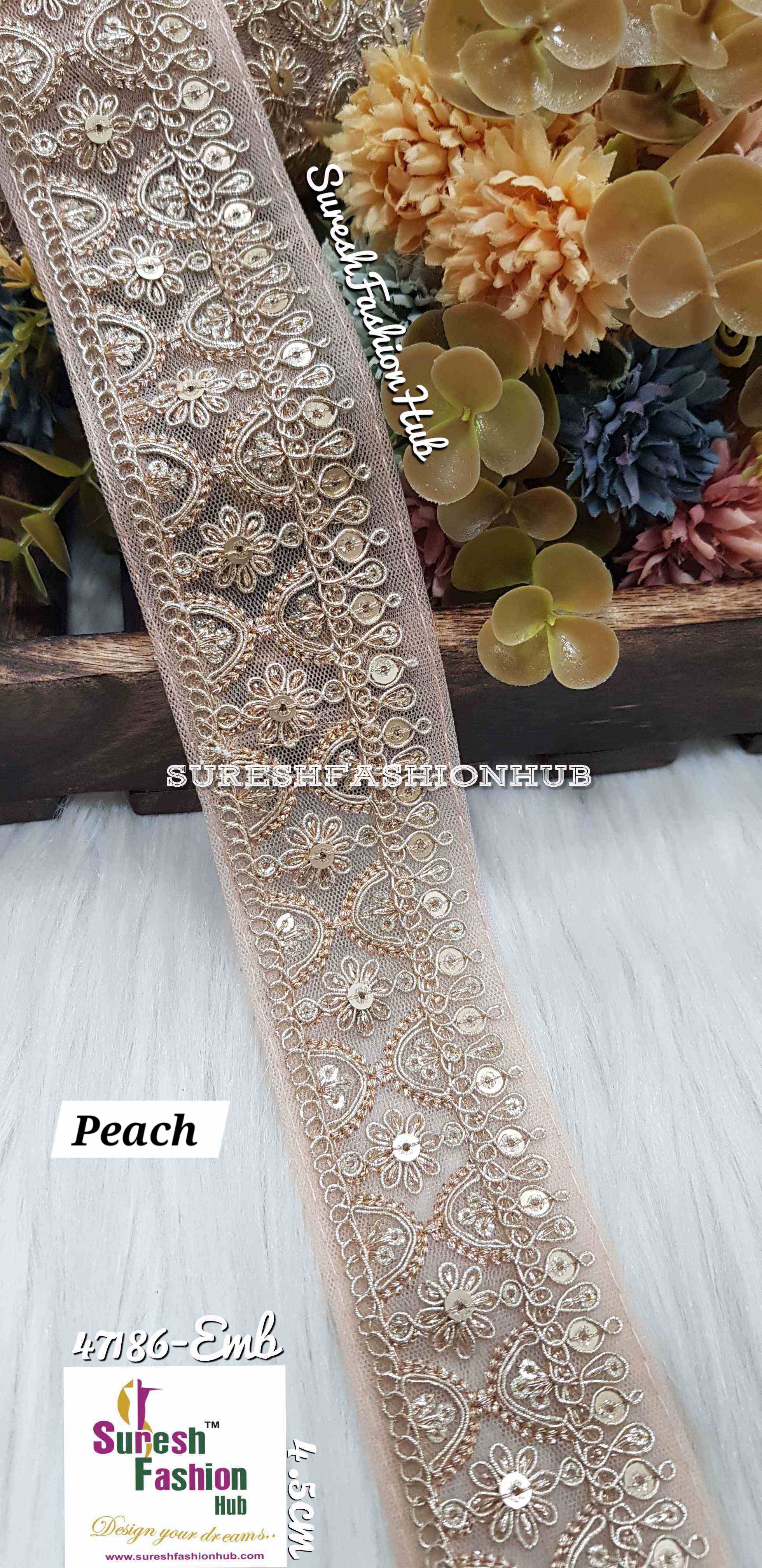 Peach Floral Pearl Embroidery Lace