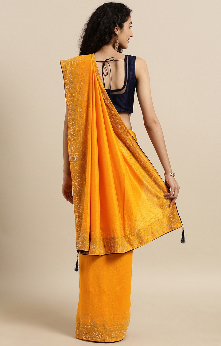 Vastranand | VASTRANAND  Mustard Yellow Solid Vichitra Silk Saree with Embellished Border 1