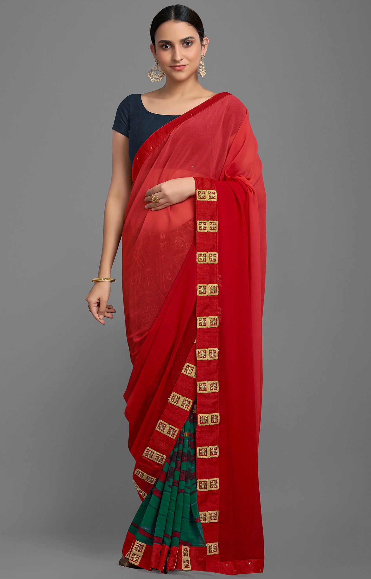 Women's Red and Green Georgette Chiffon Blend Solid Printed Half N Half Saree-SHAMA6666SSSR004