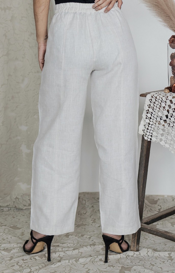 Women's White Linen Melange Trousers