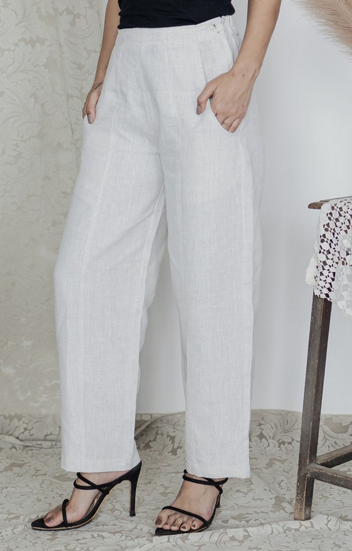 Women's White Linen Melange Trousers