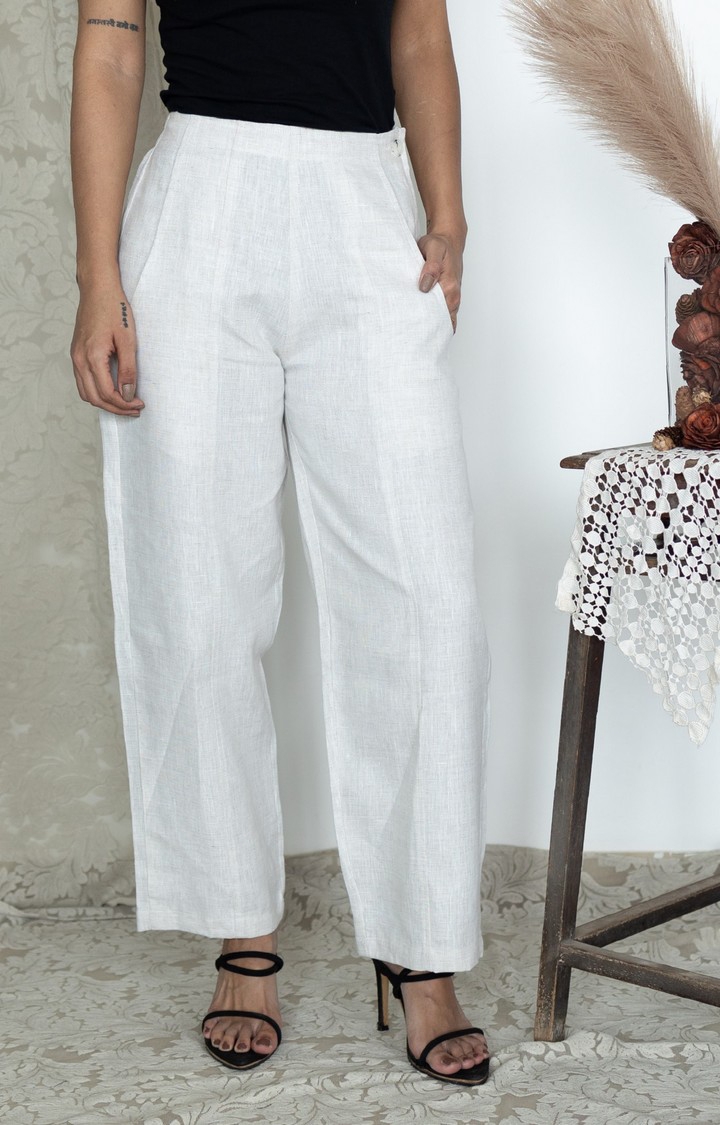 Women's White Linen Melange Trousers