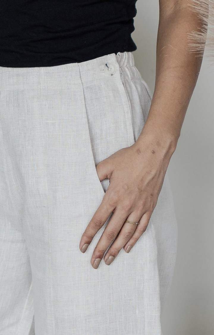 Women's White Linen Melange Trousers