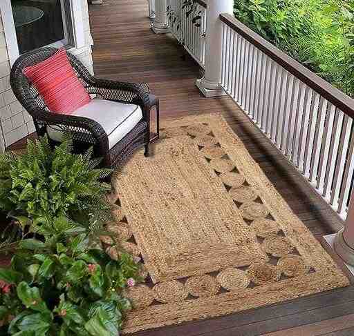 Handwoven Natural Jute Rectangular Rug with Braided Disc Border Design