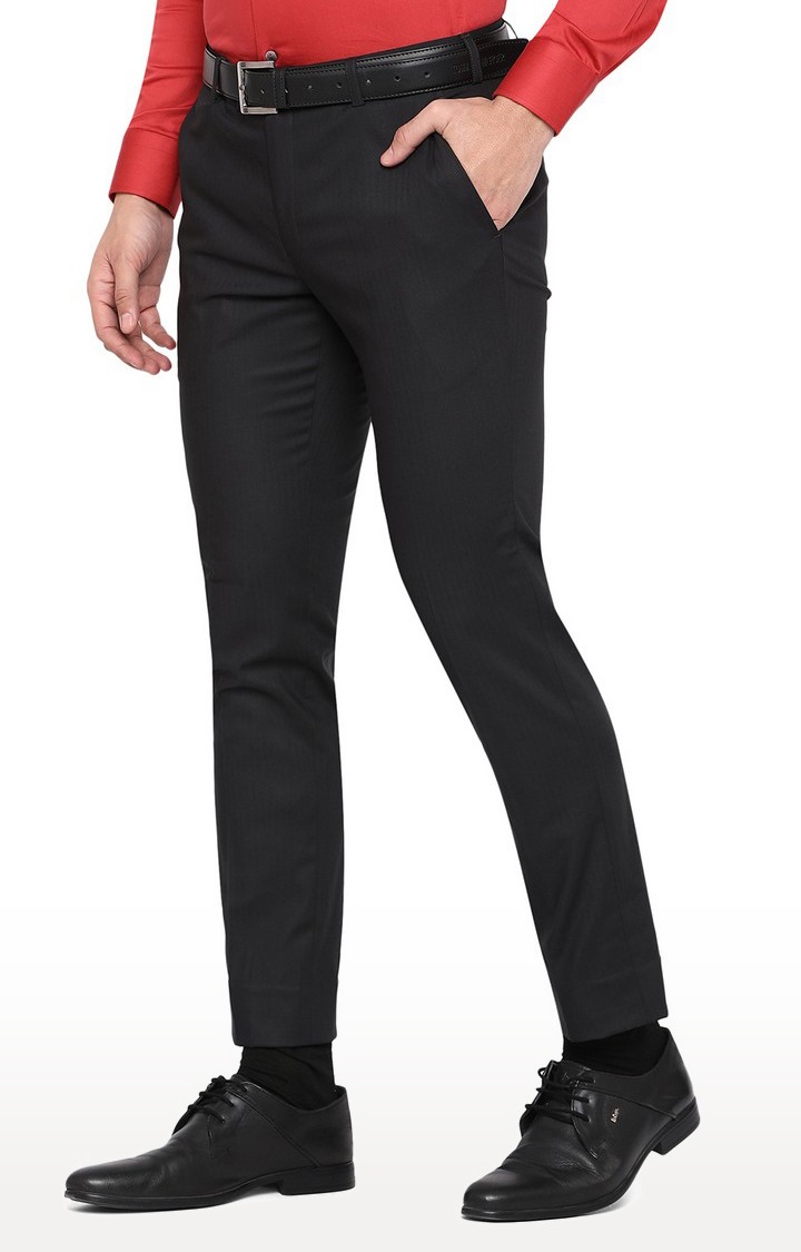 YT48/2,OLIVE SELF Men's Black Wool Solid Formal Trousers