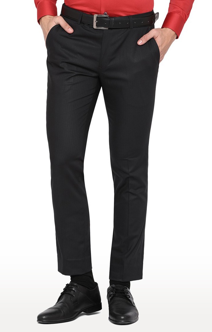 YT48/2,OLIVE SELF Men's Black Wool Solid Formal Trousers