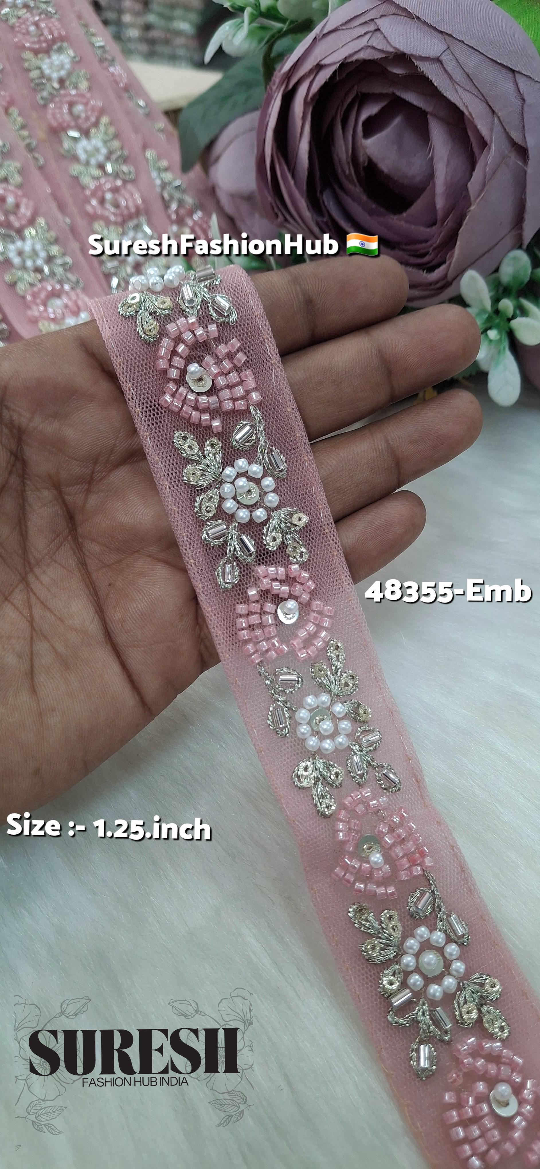 Pink Beaded Bloom Net Embroidered Lace