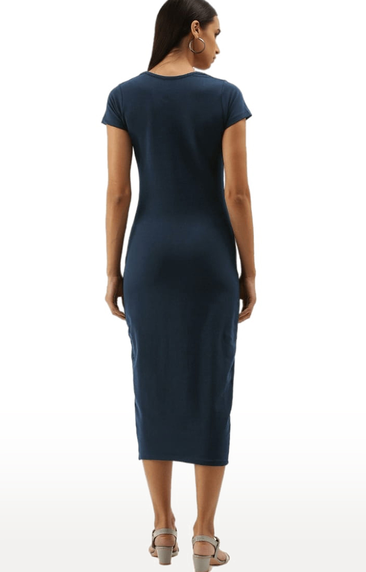 Women's Navy Blue Cotton Blend Solid Bodycon Dress