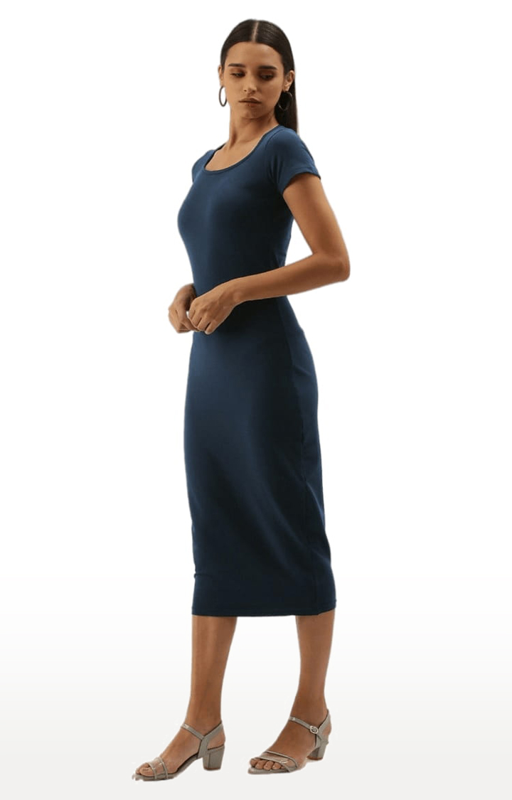 Women's Navy Blue Cotton Blend Solid Bodycon Dress