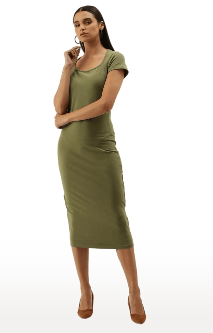 Dillinger | Women's Olive Green Cotton Blend Solid Bodycon Dress 1