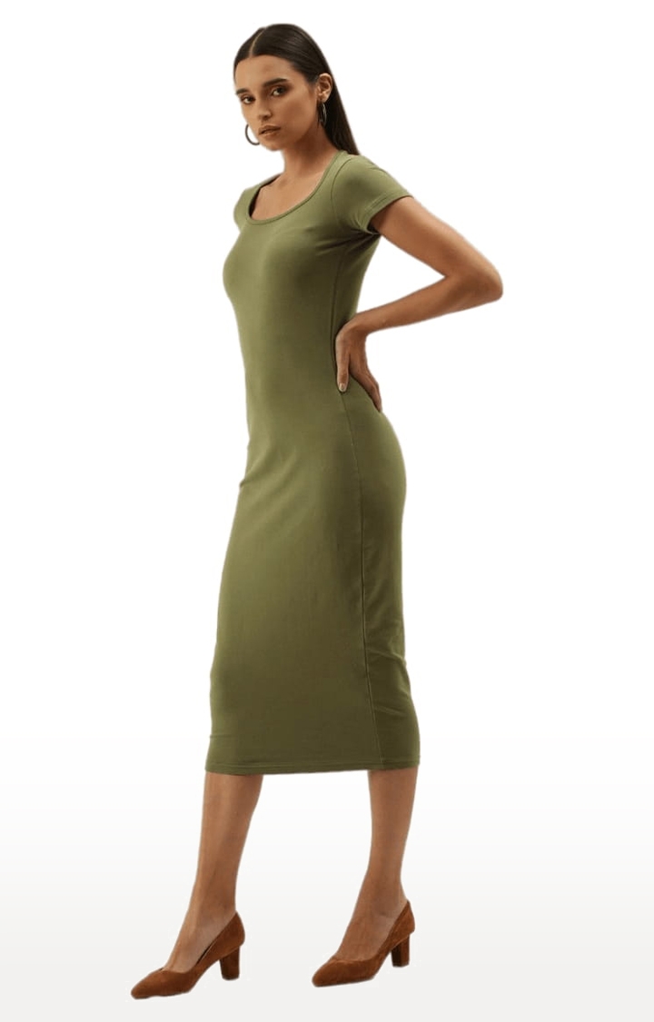 Dillinger | Women's Olive Green Cotton Blend Solid Bodycon Dress 2