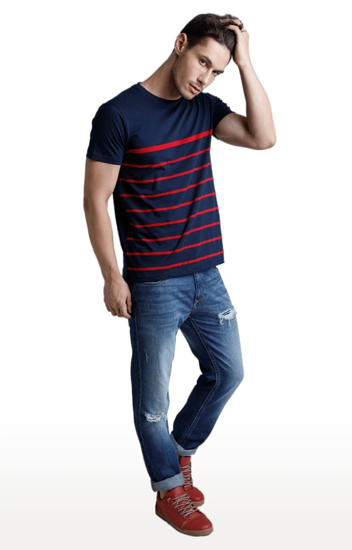 Dillinger | Men's Navy Blue and Red Cotton Striped Regular T-Shirt 1