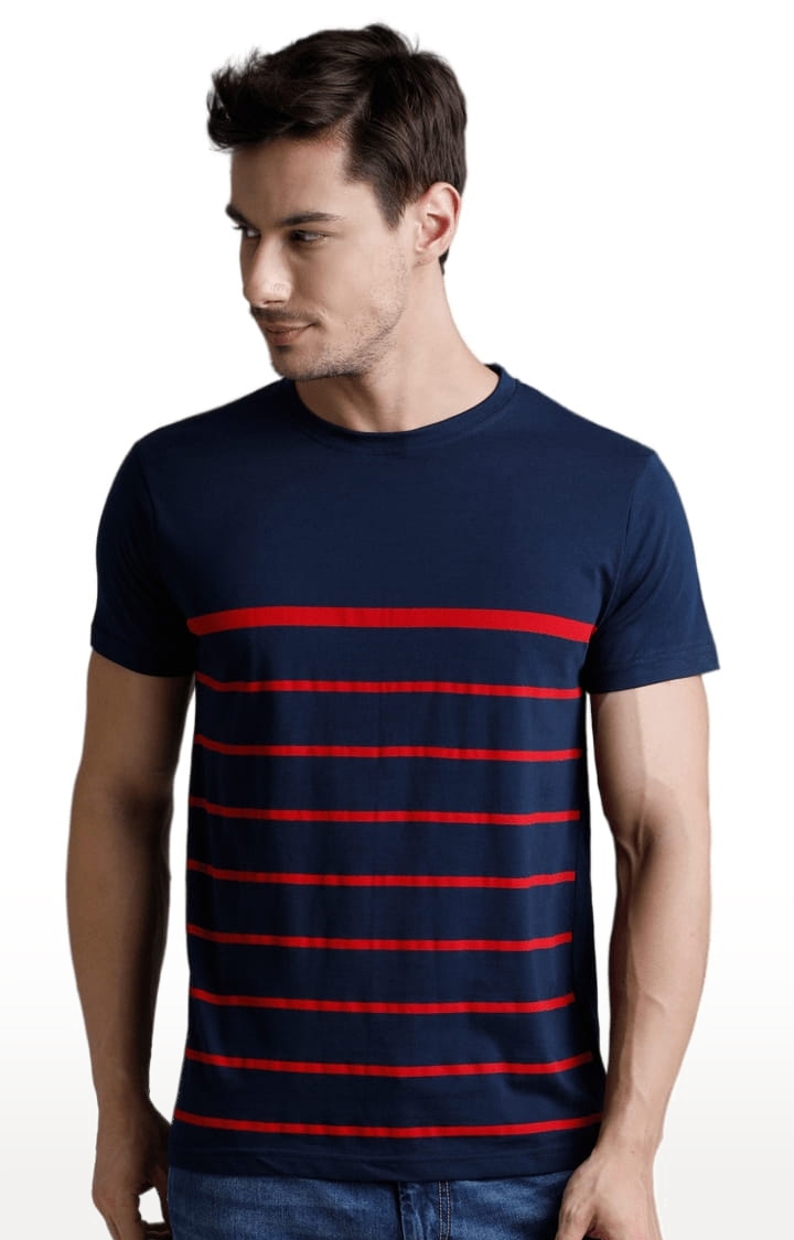 Dillinger | Men's Navy Blue and Red Cotton Striped Regular T-Shirt 0