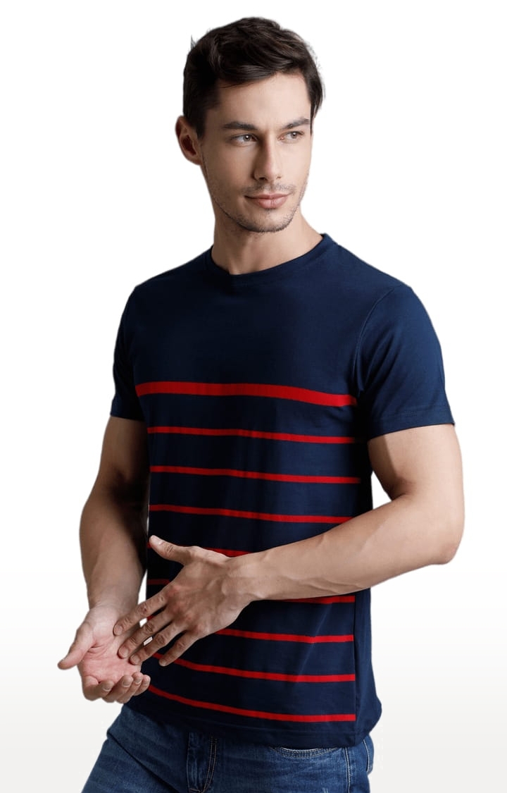 Dillinger | Men's Navy Blue and Red Cotton Striped Regular T-Shirt 2