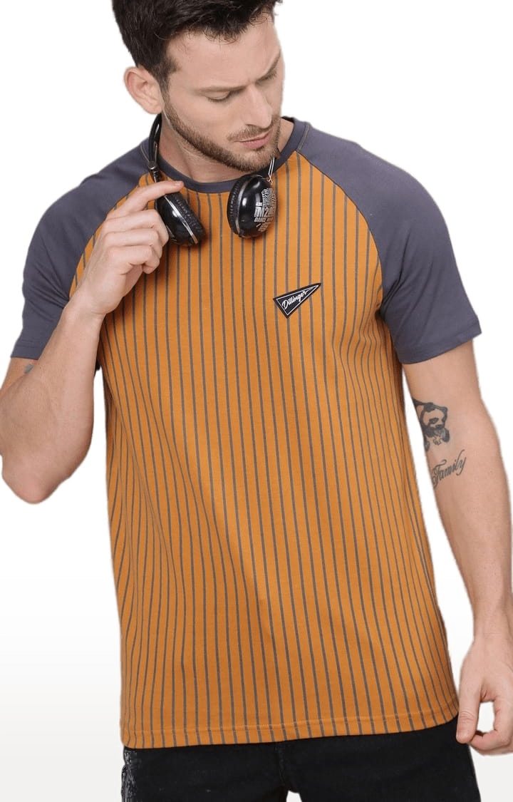 Dillinger | Men's Mustard Yellow Cotton Striped Regular T-Shirt 0
