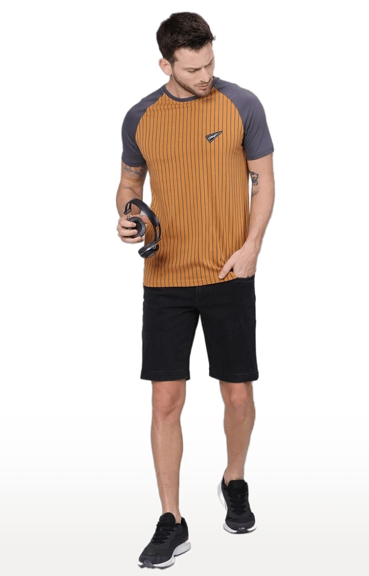 Dillinger | Men's Mustard Yellow Cotton Striped Regular T-Shirt 1