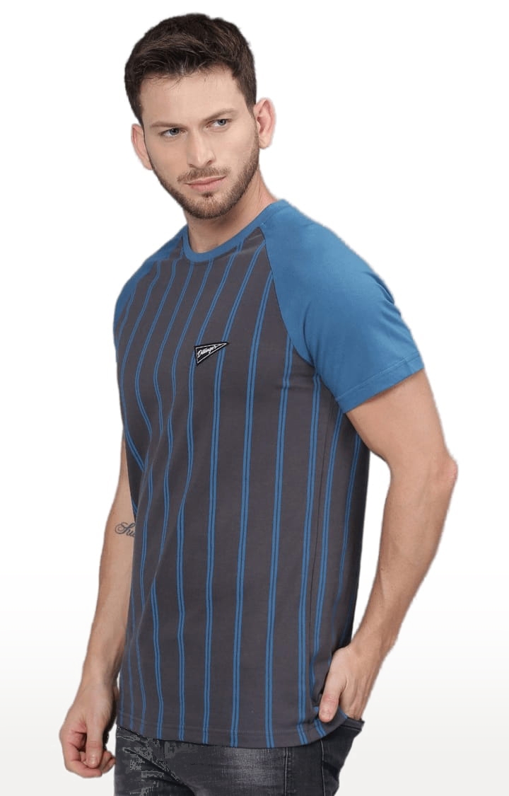 Dillinger | Men's Grey and Blue Cotton Striped Regular T-Shirt 2