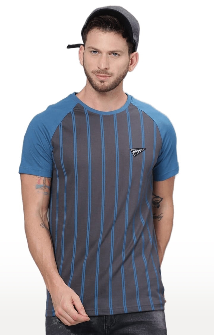 Dillinger | Men's Grey and Blue Cotton Striped Regular T-Shirt 0