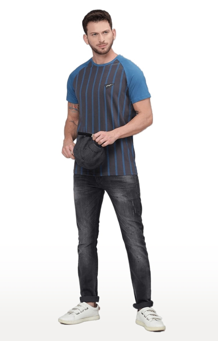 Dillinger | Men's Grey and Blue Cotton Striped Regular T-Shirt 1