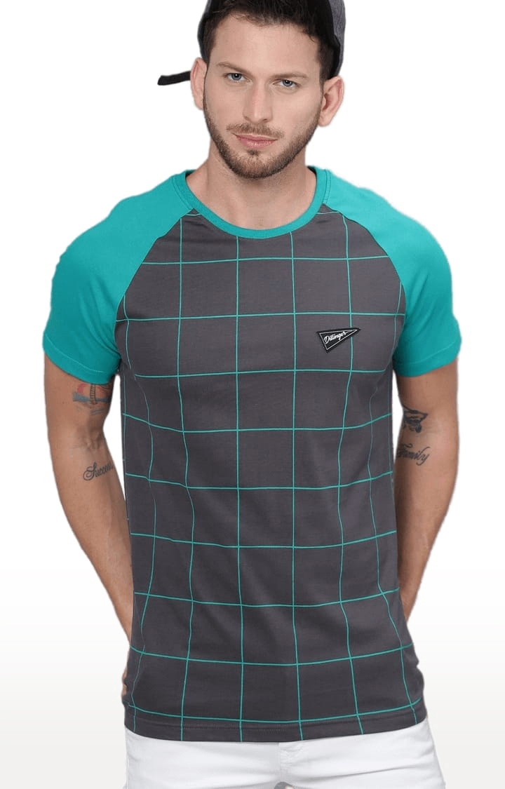 Dillinger | Men's Grey and Green Cotton Checkered Regular T-Shirt 0