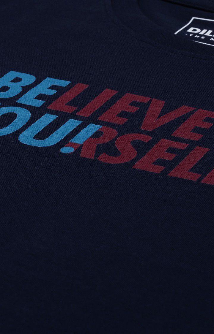 Men's Blue Cotton Typographic Printed Regular T-Shirt