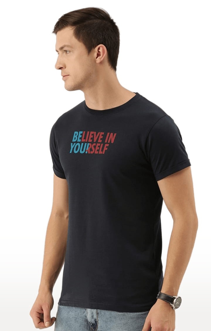 Men's Blue Cotton Typographic Printed Regular T-Shirt