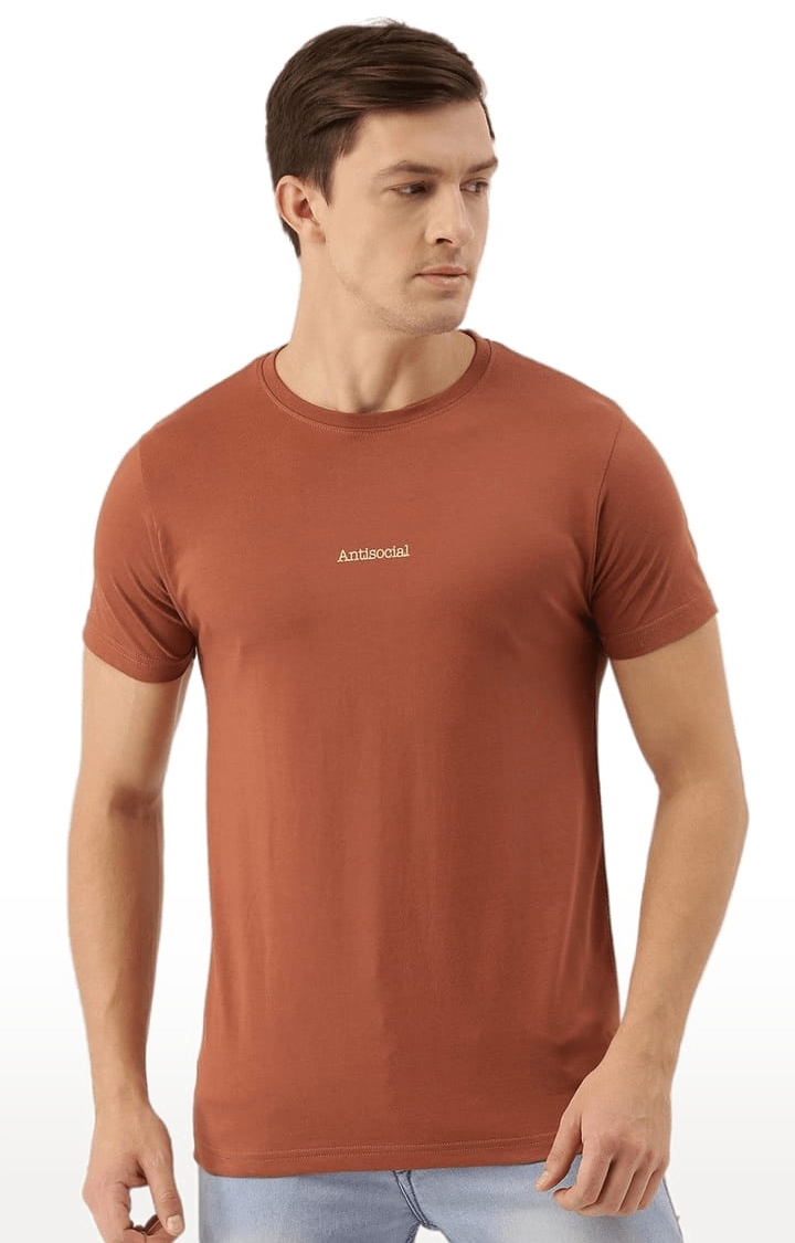 Men's Brown Cotton Solid Regular T-Shirt