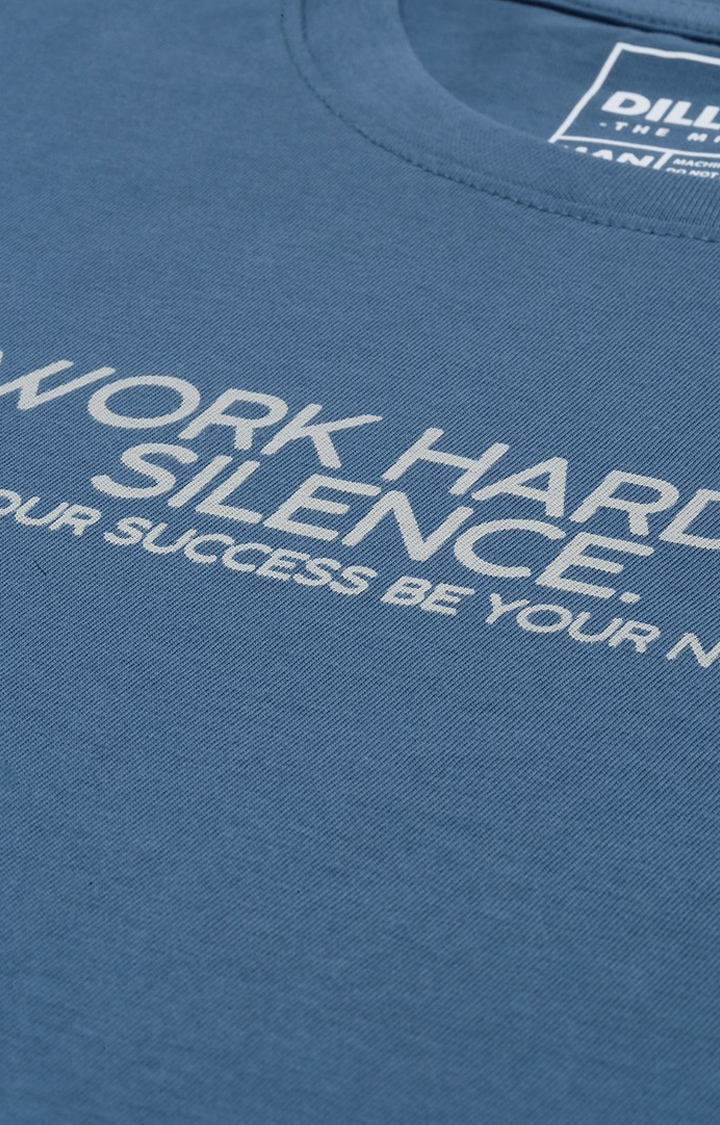 Men's Blue Cotton Typographic Printed Regular T-Shirt