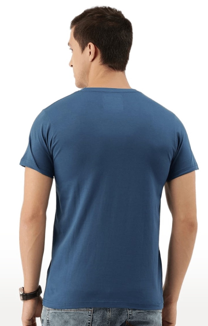 Men's Blue Cotton Typographic Printed Regular T-Shirt