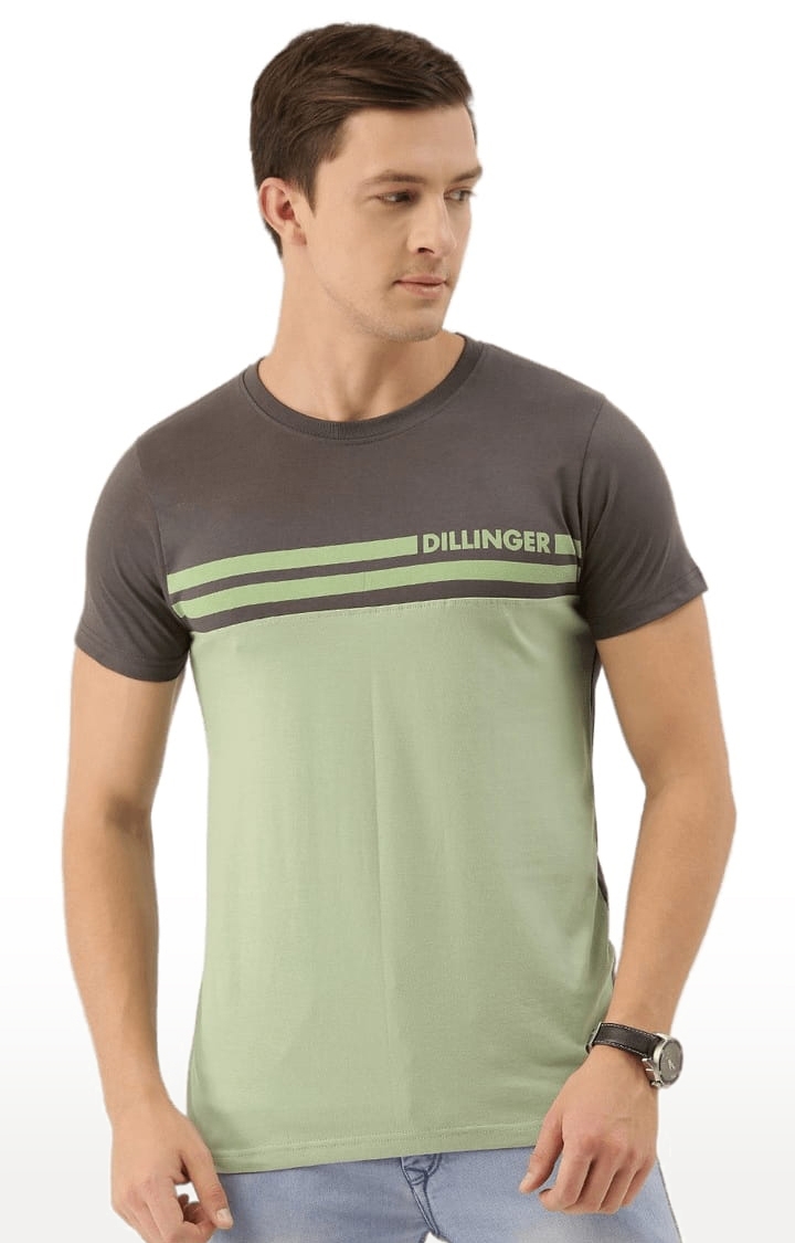 Men's Green and Grey Cotton Colourblock Regular T-Shirt