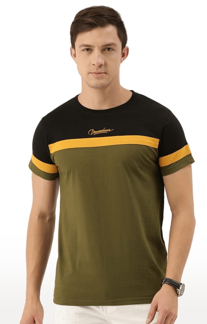 Men's Green and Black Cotton Colourblock Regular T-Shirt