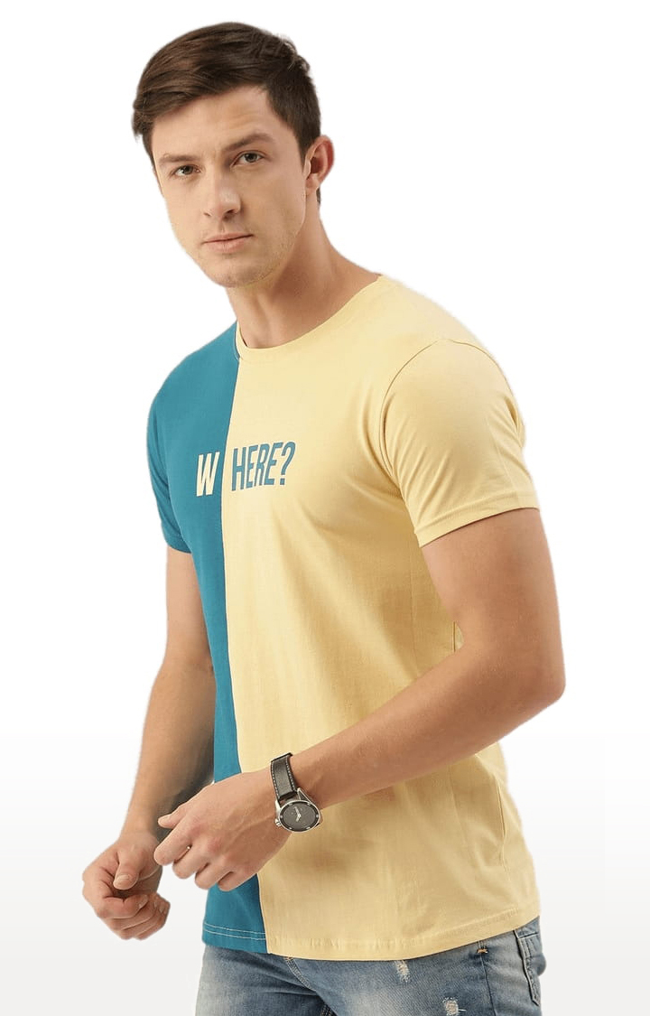 Men's Blue and Beige Cotton Colourblock Regular T-Shirt
