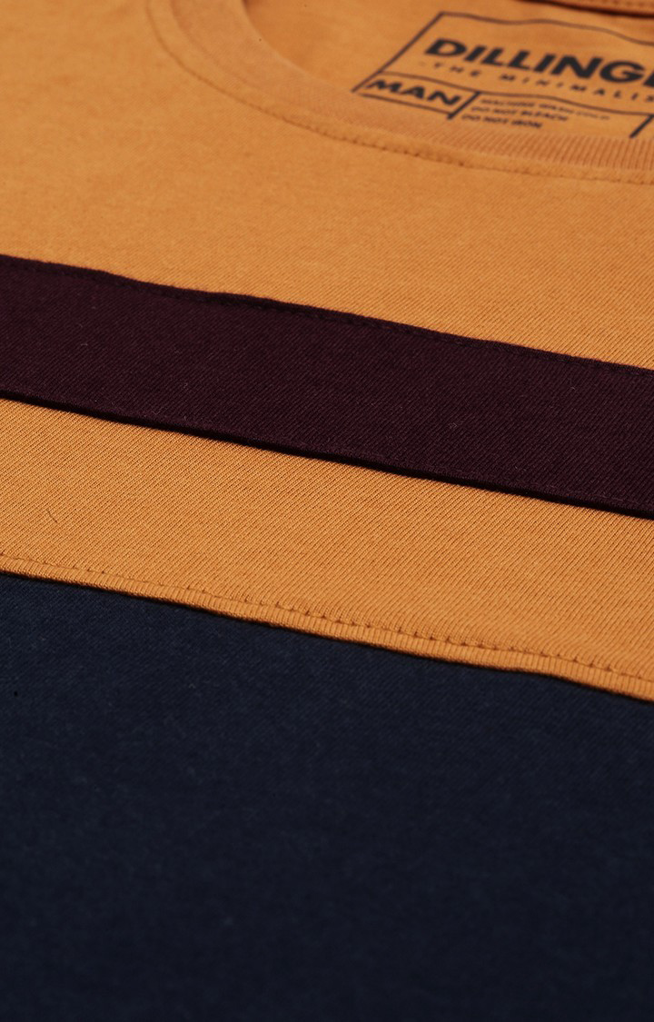 Men's Mustard Yellow and Black Cotton Colourblock Regular T-Shirt
