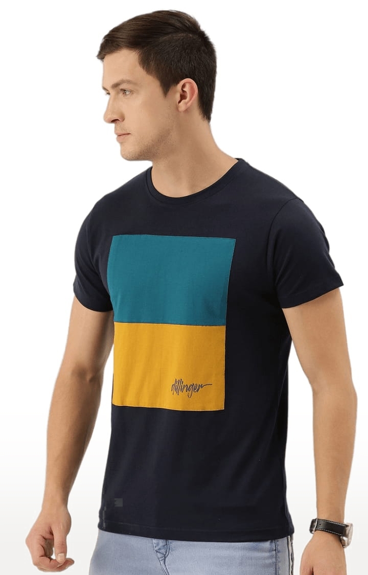 Men's Blue Cotton Colourblock Regular T-Shirt