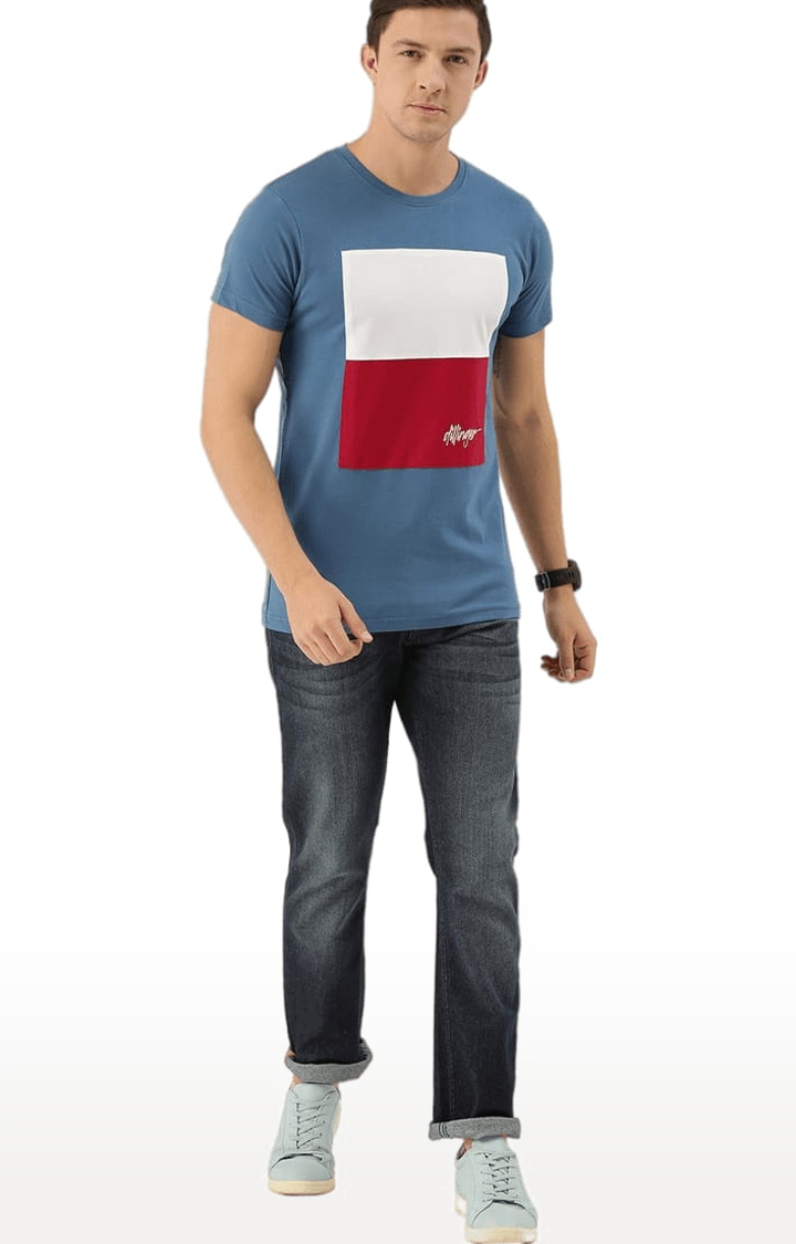 Men's Blue Cotton Colourblock Regular T-Shirt