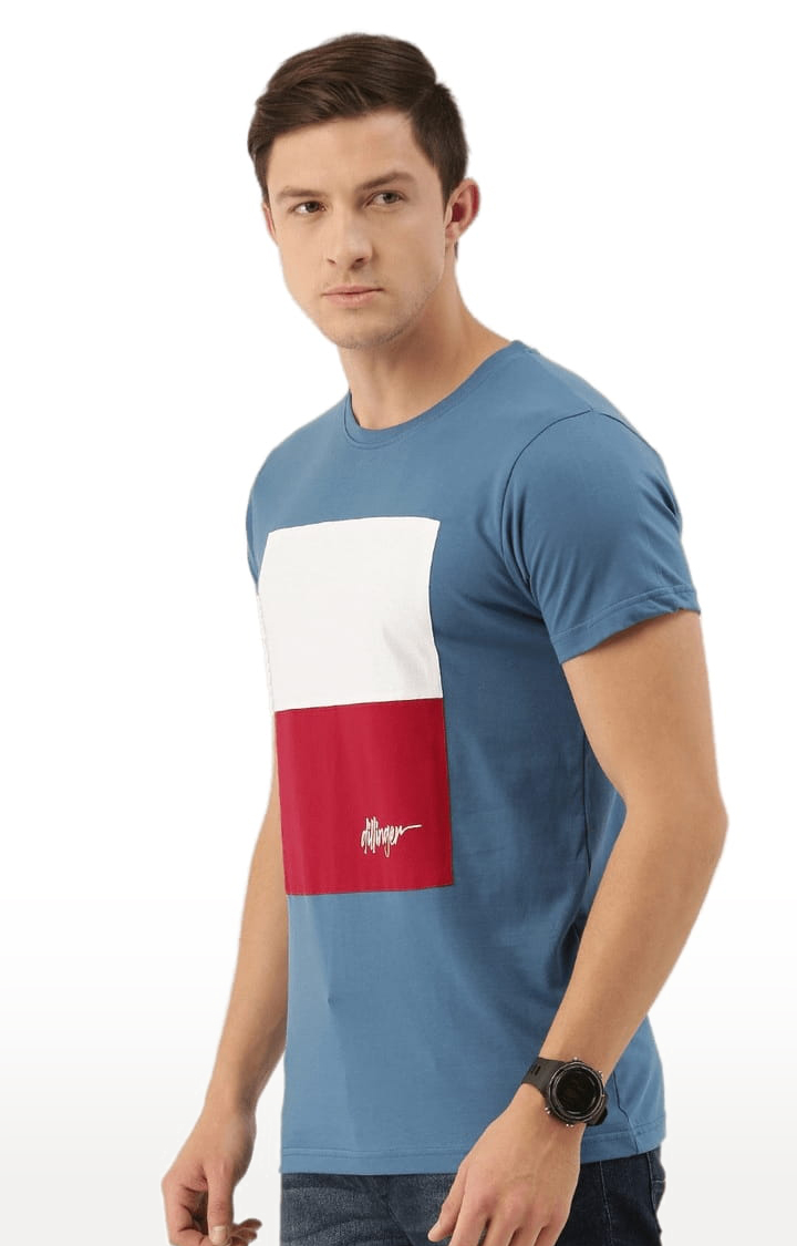 Men's Blue Cotton Colourblock Regular T-Shirt