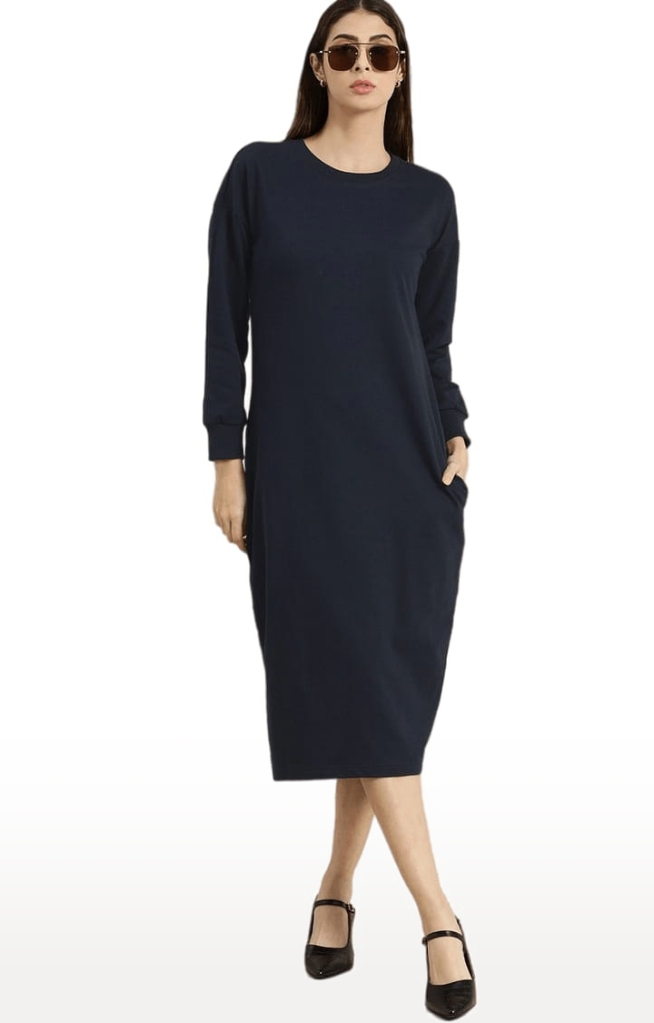 Dillinger | Women's Navy Blue Cotton Solid Shift Dress 1