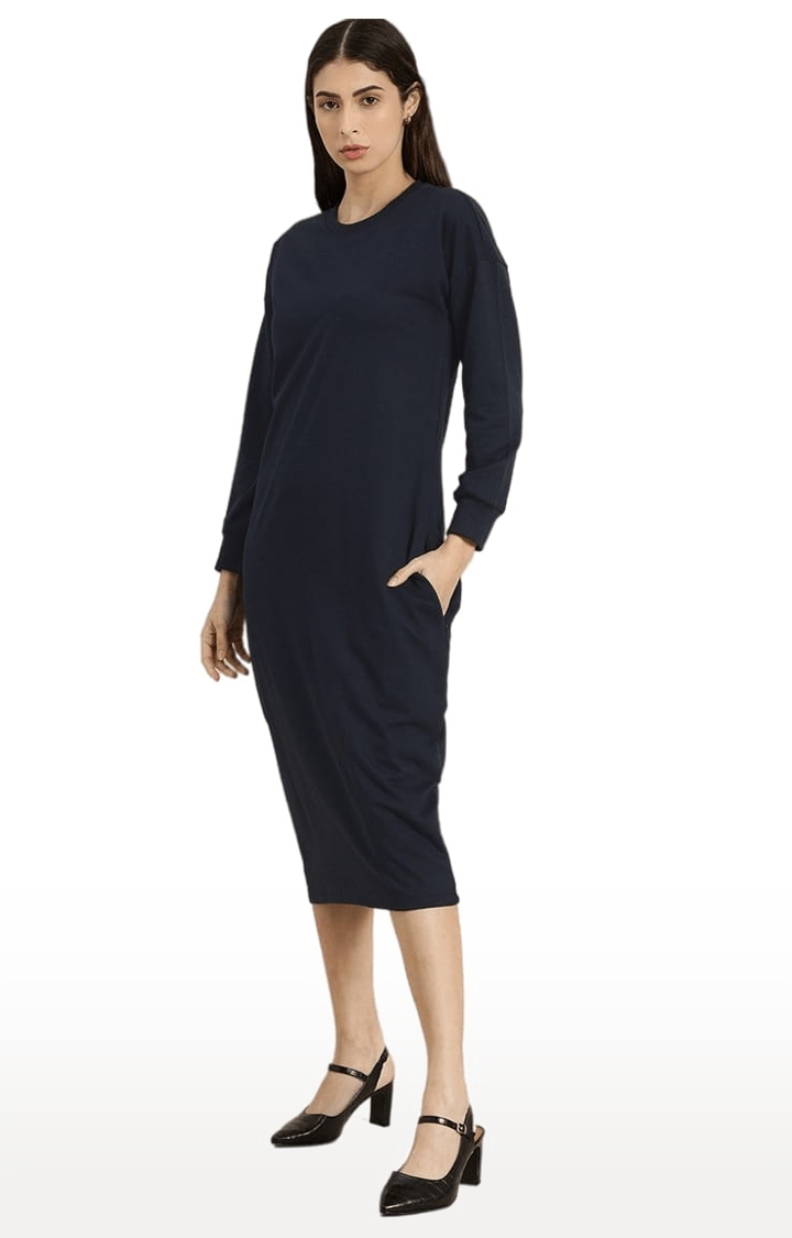 Dillinger | Women's Navy Blue Cotton Solid Shift Dress 2