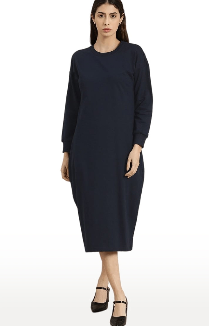 Dillinger | Women's Navy Blue Cotton Solid Shift Dress