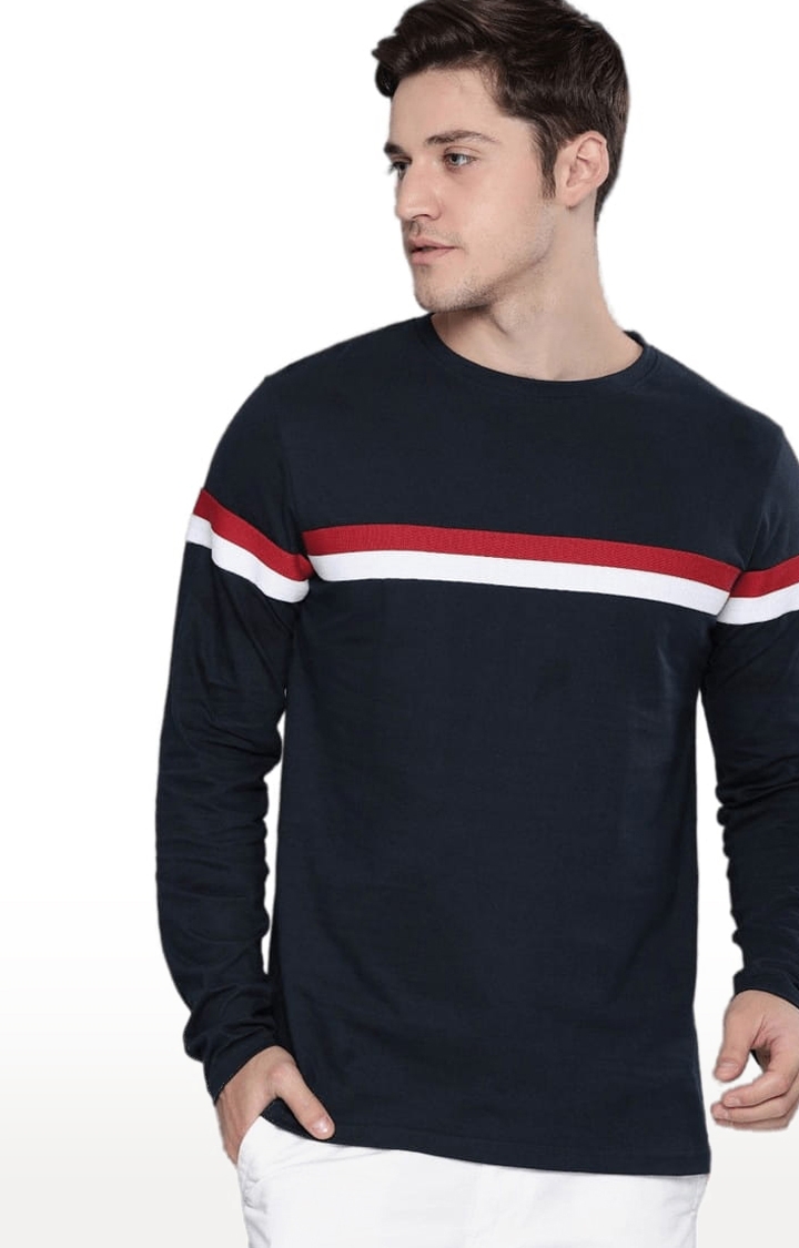 Men's Blue Cotton Striped Regular T-Shirt