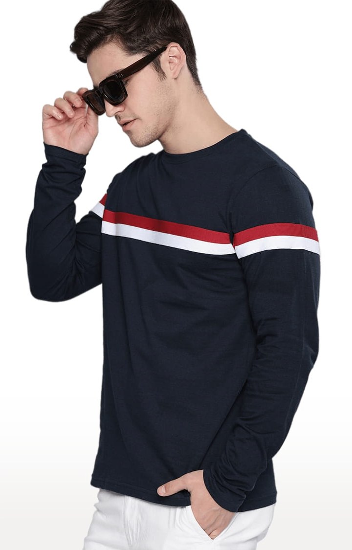 Men's Blue Cotton Striped Regular T-Shirt