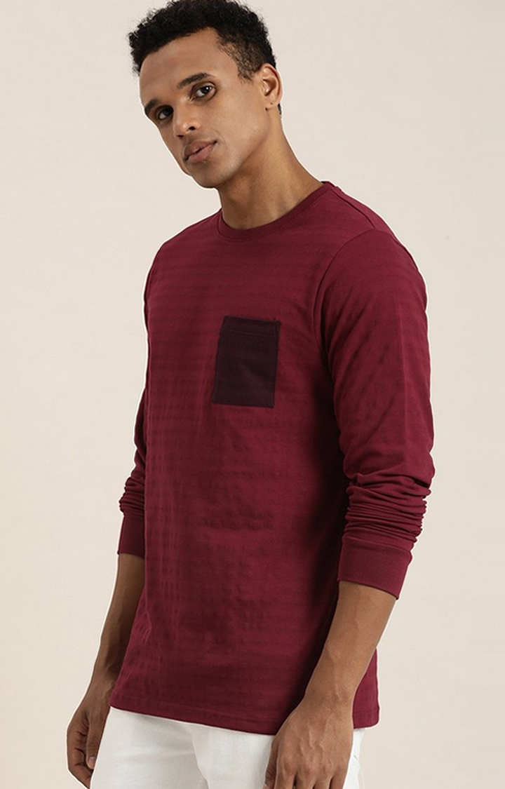 Men's Maroon Striped Regular T-Shirt