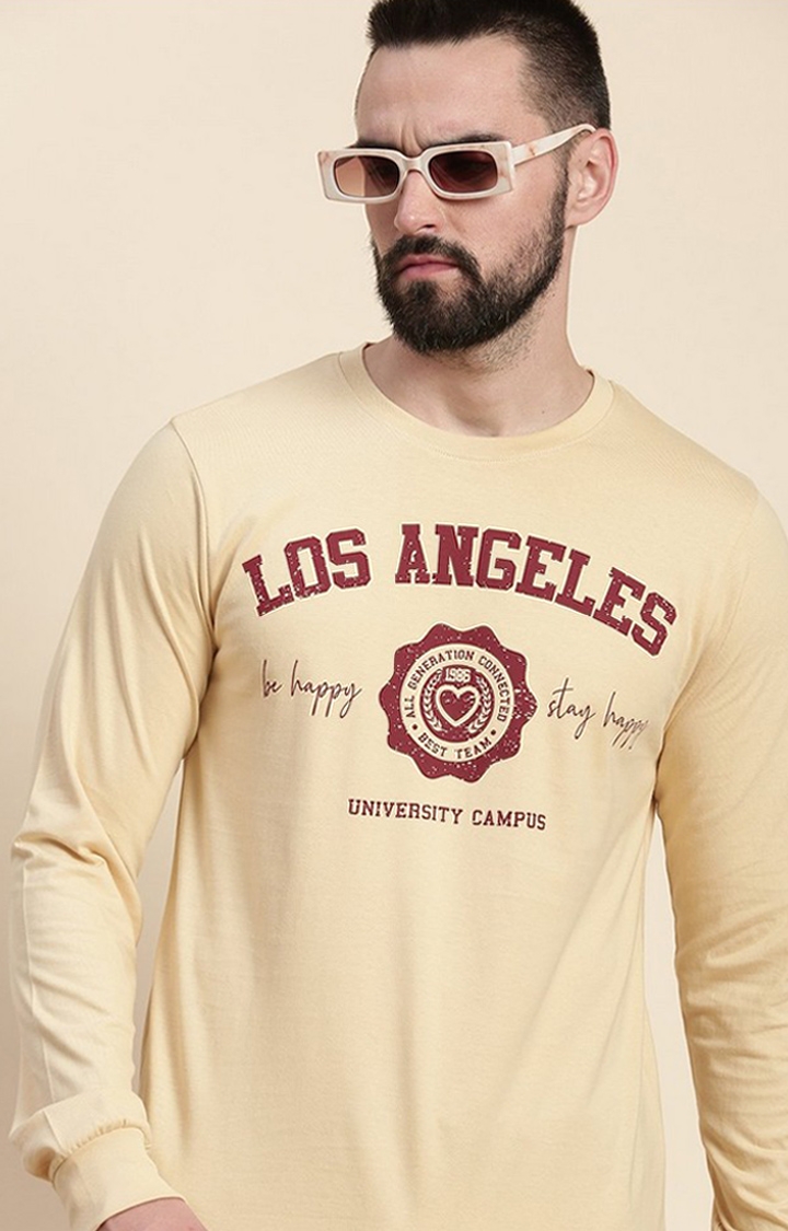 Men's Beige Graphics Regular T-Shirts