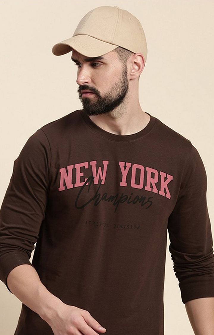 Men's Brown Typographic Regular T-Shirts