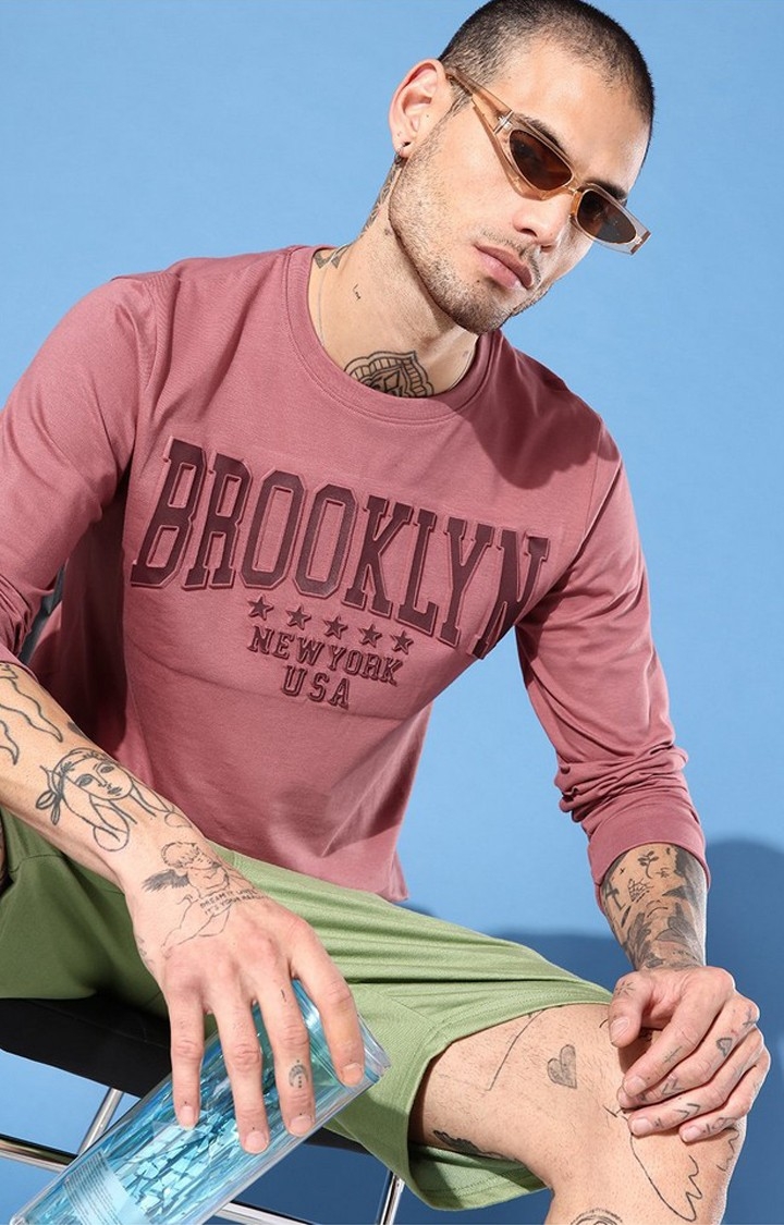 Men's Pink Cotton Blend Typographic Printed Regular T-Shirt