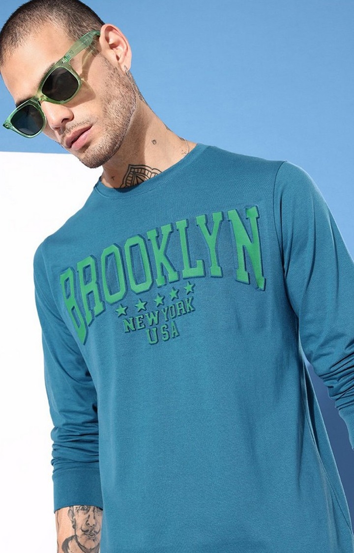 Men's Teal Cotton Blend Typographic Printed Regular T-Shirt