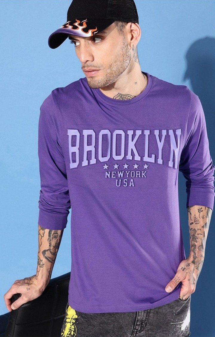 Men's Purple Cotton Blend Typographic Printed Regular T-Shirt