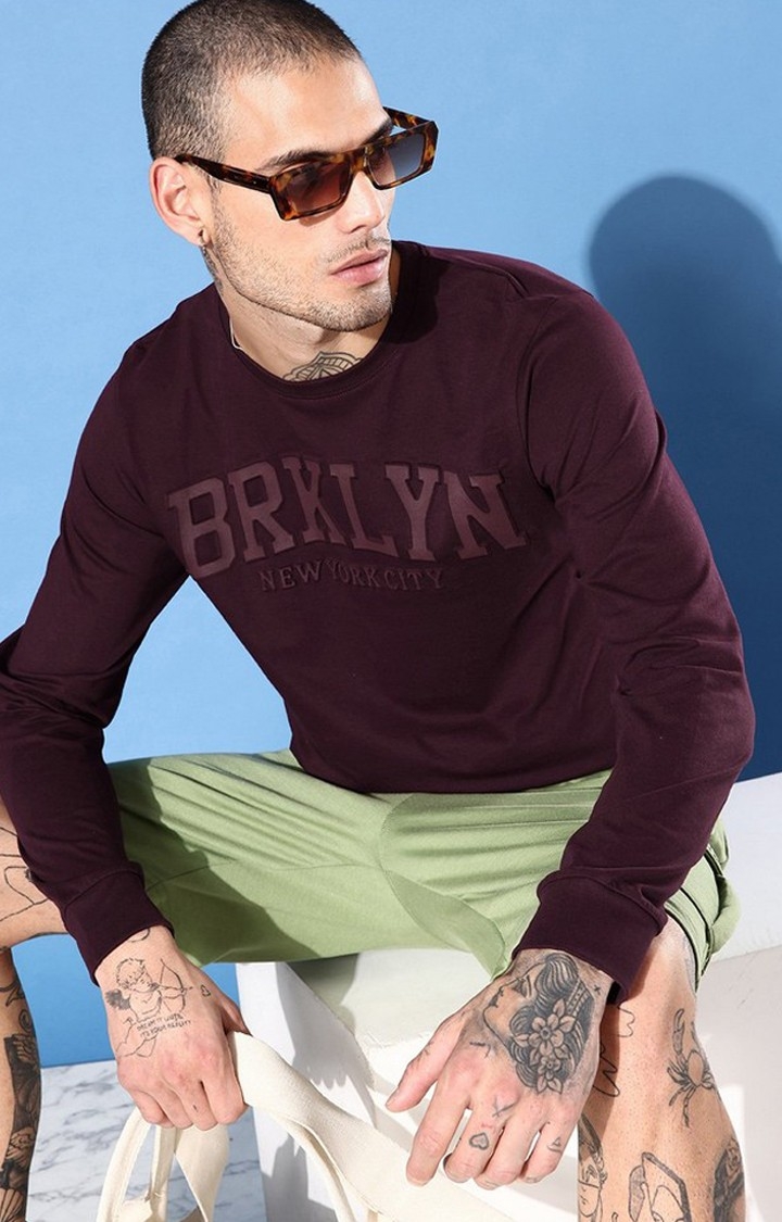 Men's Maroon Cotton Blend Typographic Printed Regular T-Shirt